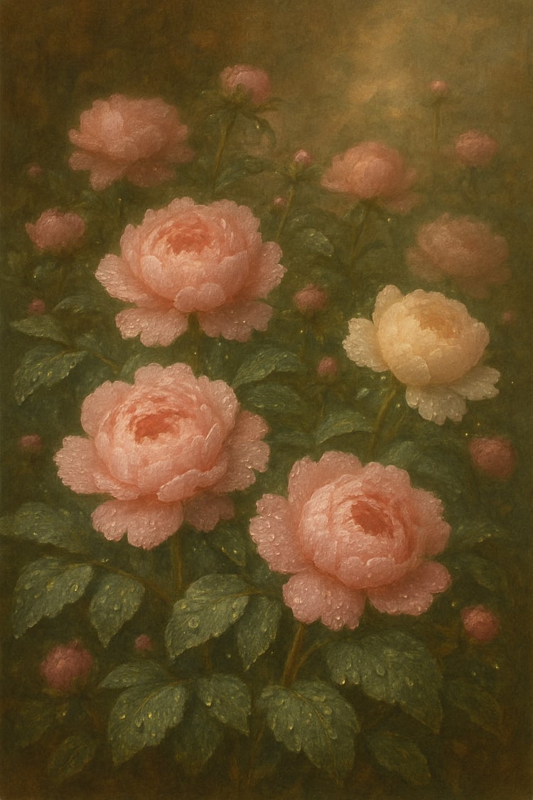 peony garden, blooming peony, peony painting, digital floral art, classical flower art, peony wall art, oil painting style flowers, floral illustration, pink flowers, peonies after rain, botanical digital art, elegant flower poster, vintage garden print, 