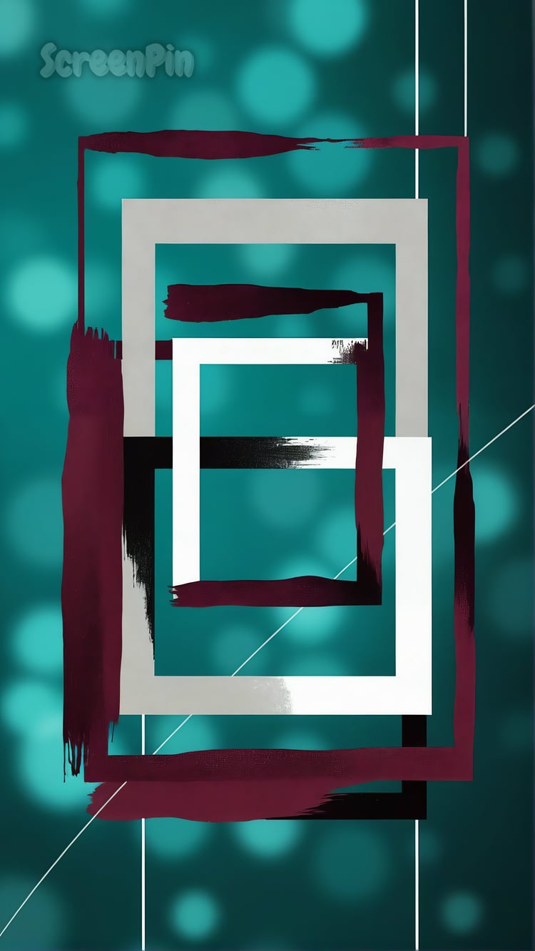 A modern geometric abstract artwork with 3D squares and frames in burgundy, white, and grey on a teal-to-blue gradient bokeh background, featuring glowing lines and soft shadows for a clean, digital-tech aesthetic.