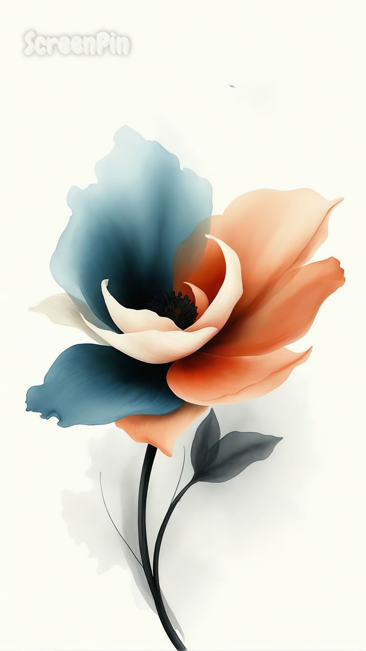 A surreal abstract flower with soft flowing petals in pastel blue, cream, peach, and coral red, appearing to bloom mid-air with fluid brush strokes and a gentle gradient background.