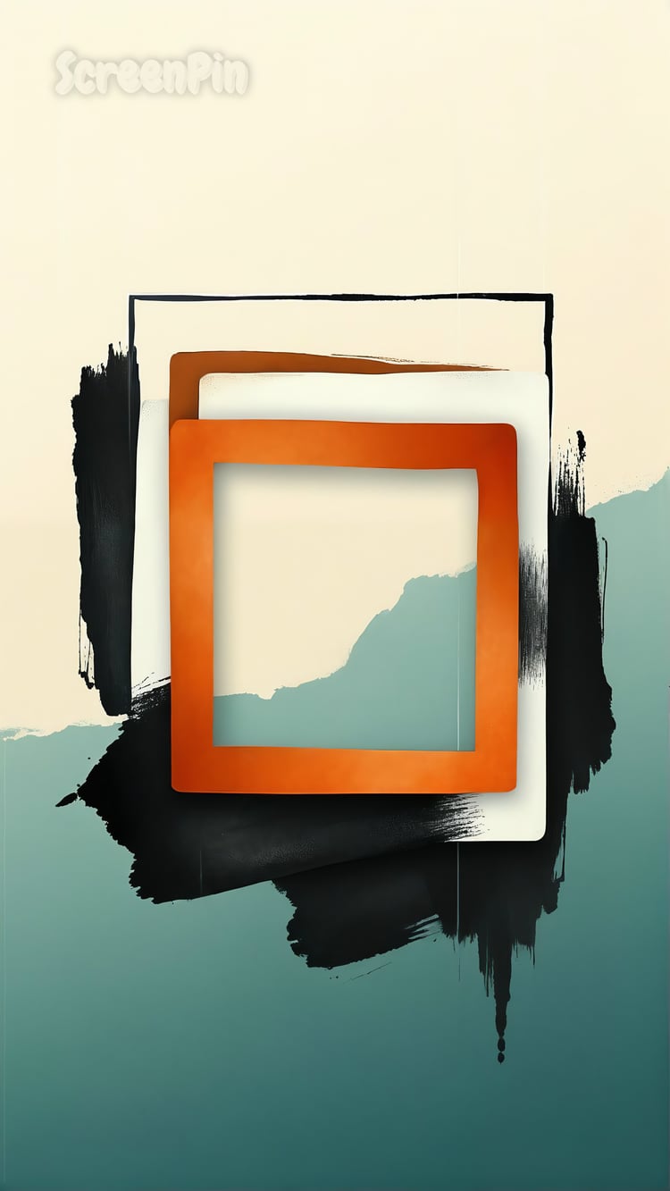 A modern geometric abstract artwork with overlapping orange, white, and beige 3D squares on a teal-to-blue bokeh gradient background, featuring glowing lines, depth, and a minimalist digital-tech aesthetic.
