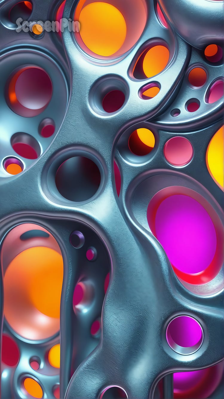 A futuristic digital artwork of a flowing metallic structure with cut-out holes, glowing gradient accents in amber, teal, purple, and crimson, featuring layered textures and a sci-fi, photorealistic finish.