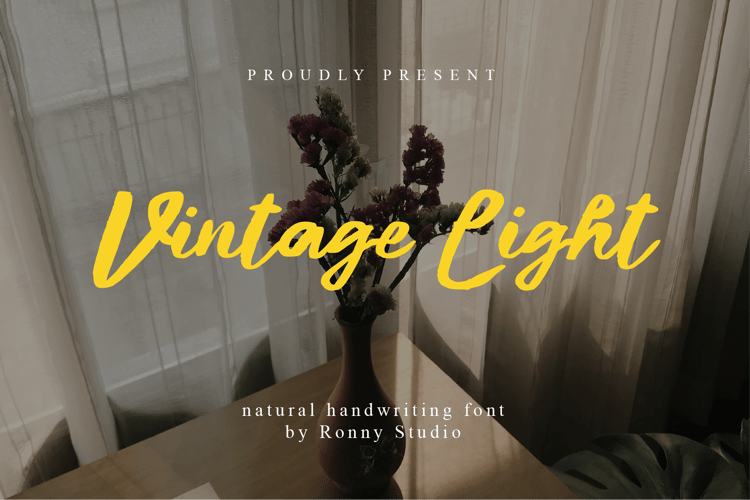 Cover preview of Vintage Light, a natural handwriting font by Ronny Studio, displayed in a cozy vintage setting with soft curtains and flowers.
