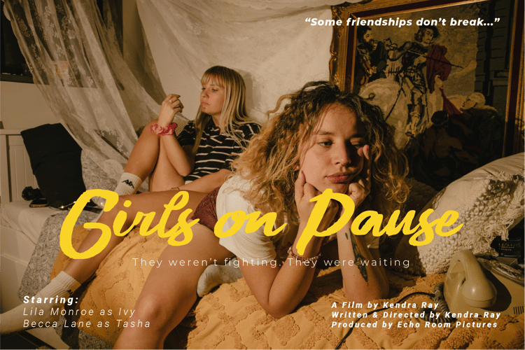 Editorial-style poster using the Vintage Light font, featuring two girls in a retro room setting with warm lighting and nostalgic mood.