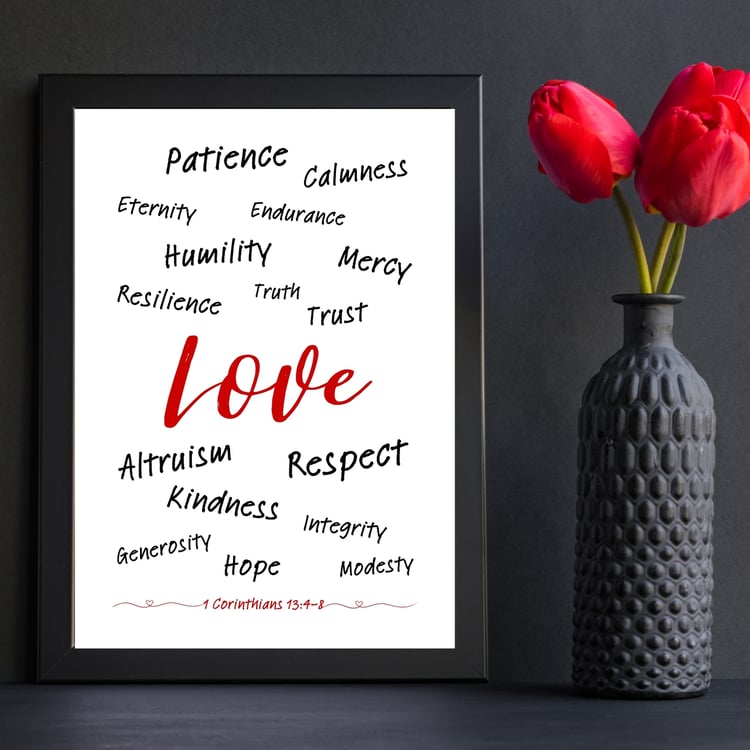 Love' poster - Word cloud inspired by 1 Corinthians 13:4-8 - Wall decoration