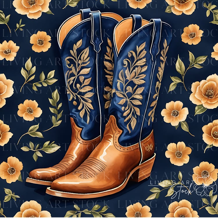 Watercolor Blue and Tan Cowgirl Boots with Blue and Background with Tan Flowers
