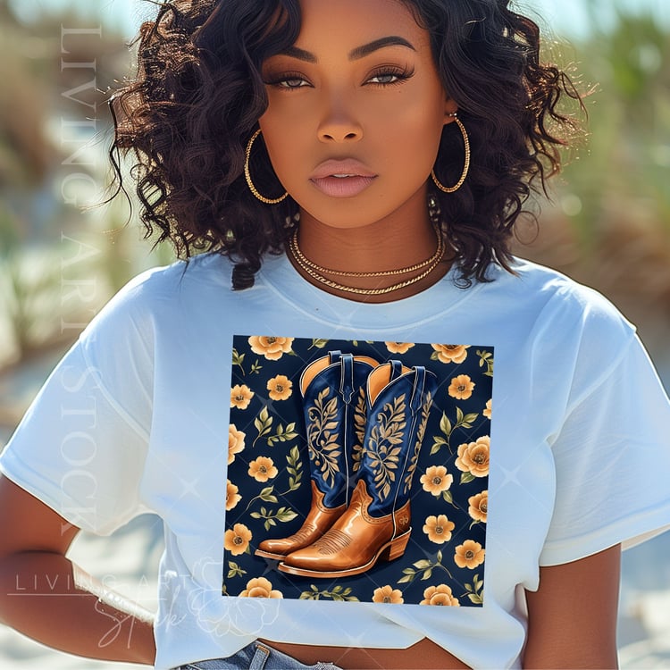 Black woman wearing white t-shirt with Blue and tan floral cowgirl design