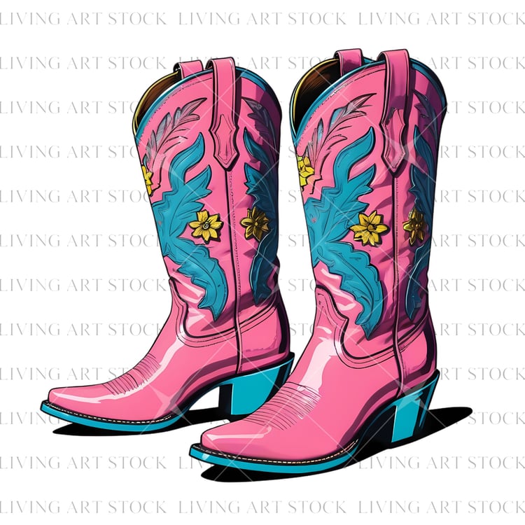 Pink & Blue retro cowgirl boots with transparent background