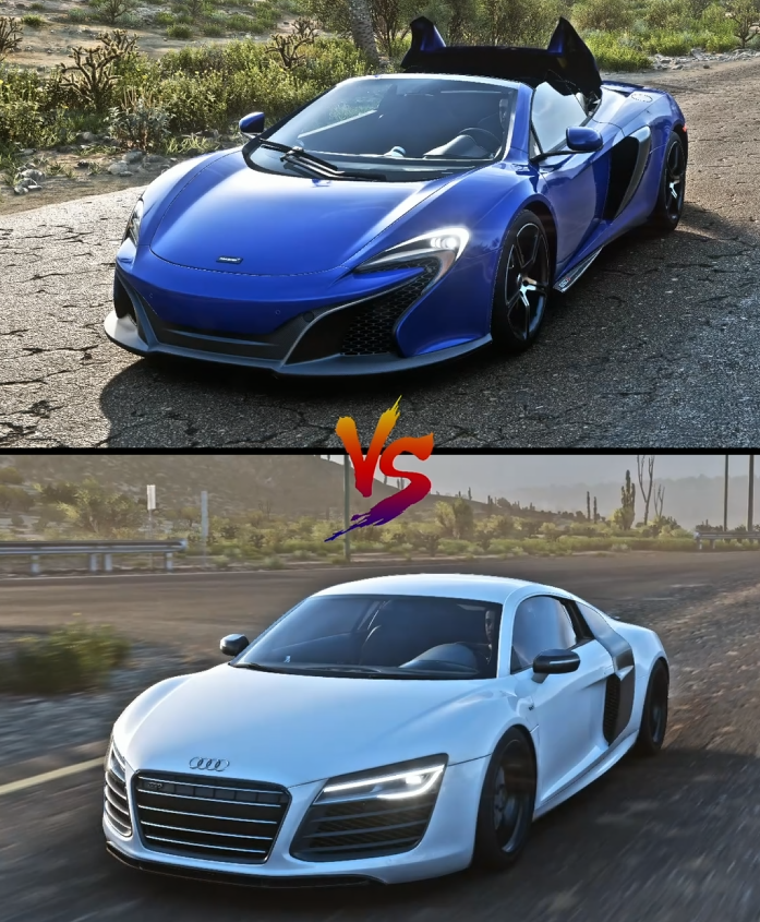McLaren 650S Spider and Audi R8 V10 Coupe side-by-side in Forza Horizon 5 during performance tests like jump, brake, and extreme challenges.