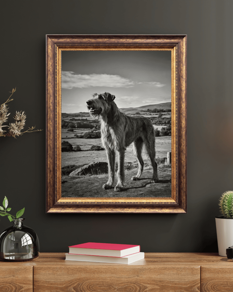 Black and white photograph of a tall, shaggy Irish Wolfhound standing proudly on a hill overlooking a scenic countryside. The dog’s rough coat catches the light, and rolling fields and hills stretch out behind under a partly cloudy sky. Majestic and seren