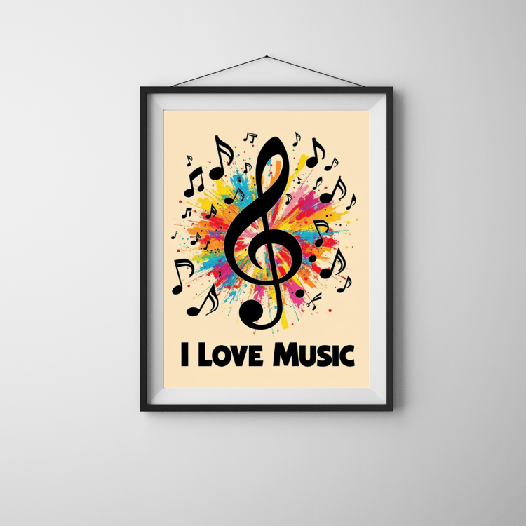 Vibrant music-themed artwork featuring a large black treble clef surrounded by colorful paint splashes and musical notes. The text “I LOVE MUSIC” appears below, expressing passion and joy for music. Perfect wall art for musicians, music lovers, studios, o