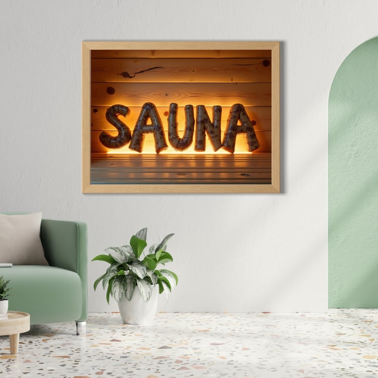 Warm and cozy sauna-themed photo featuring large 3D letters spelling “SAUNA” against a glowing wooden wall. The rustic wood texture and soft amber lighting create a relaxing Nordic atmosphere. Perfect for spa décor, Finnish sauna lovers, or wellness-inspi