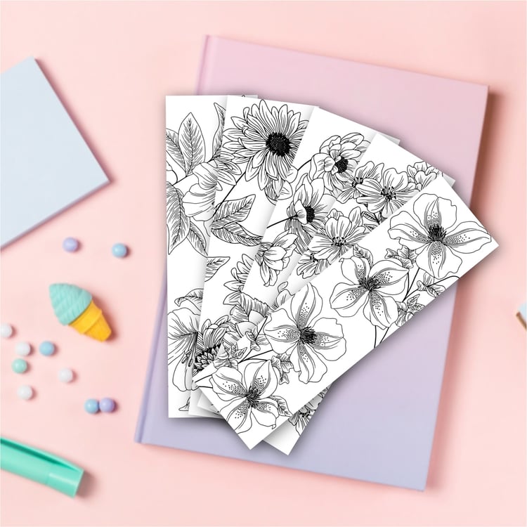 5 Aesthetic Flower Bookmarks To Color Black and White set of 5 instant download