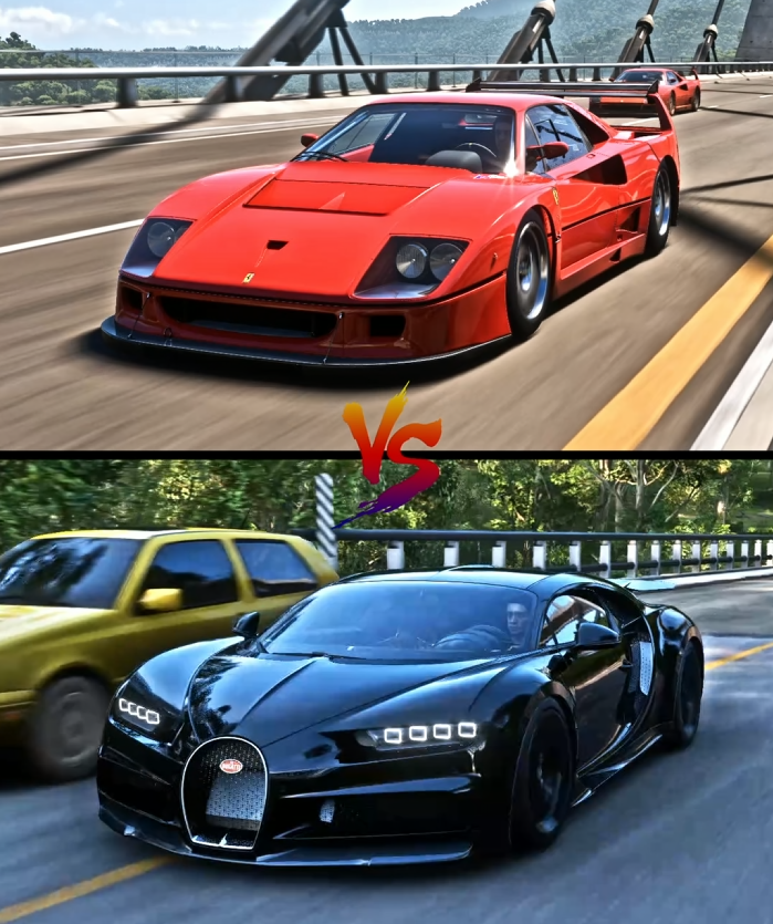 Ferrari F40 Competizione and Bugatti Chiron racing side-by-side in Forza Horizon 5 during jump, brake, and extreme car test challenges.