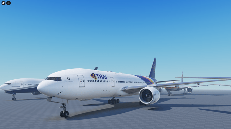 Interior view of Roblox Boeing 777-200ER cabin and cockpit