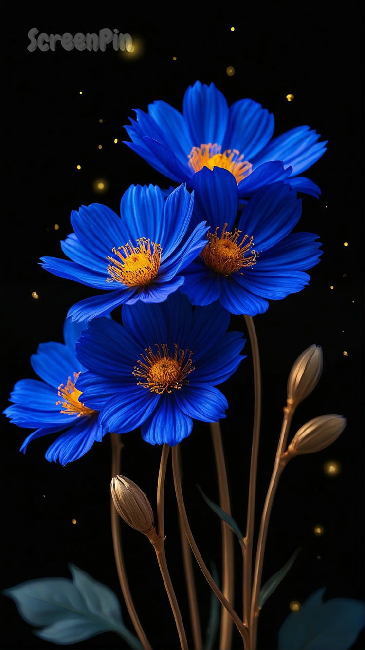 A luxurious digital illustration of royal blue cornflowers with golden centers and metallic stems on a black background, surrounded by floating gold leaf particles, combining realism and fantasy in an elegant floral design.