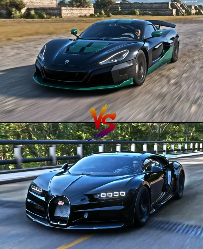 Rimac Nevera and Bugatti Chiron racing head-to-head in Forza Horizon 5 during performance tests including jump, brake, and extreme challenges.