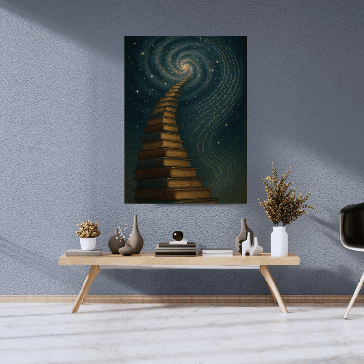 galaxy wall art, surreal book art, bookshelf staircase, cosmic art print, book lover gift, fantasy artwork, dreamscape wall decor, stars and books poster, digital wall art, printable wall art, staircase to galaxy, celestial illustration, galaxy decor, mys