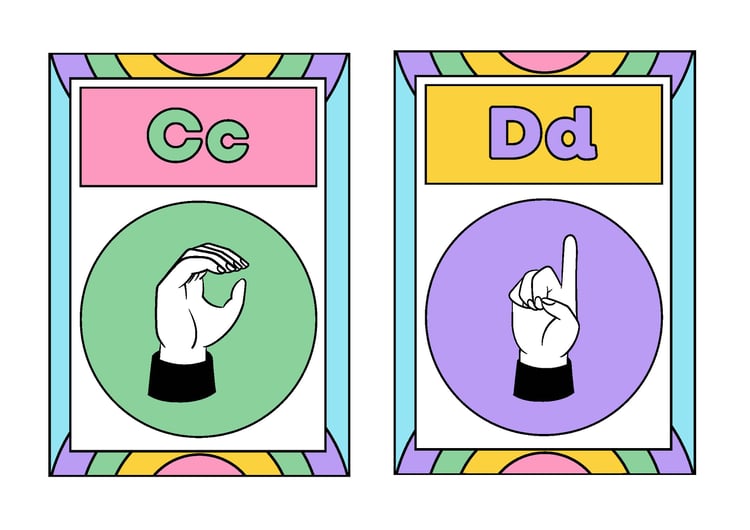 ASL Alphabet English Flashcards in Colorful Rainbow Style