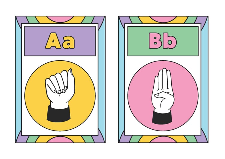 ASL Alphabet English Flashcards in Colorful Rainbow Style