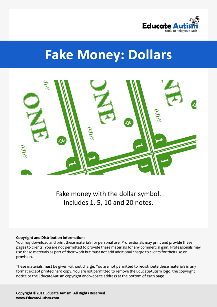 Autism Worksheets Fake Dollars