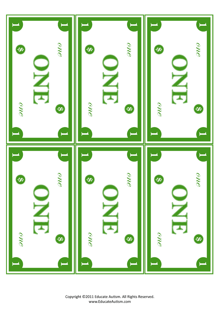 Autism Worksheets Fake Dollars