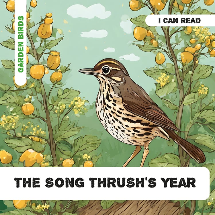 Illustrated book cover of The Thrush’s Year, a phonics-aligned early reader on the life of a song thrush.
