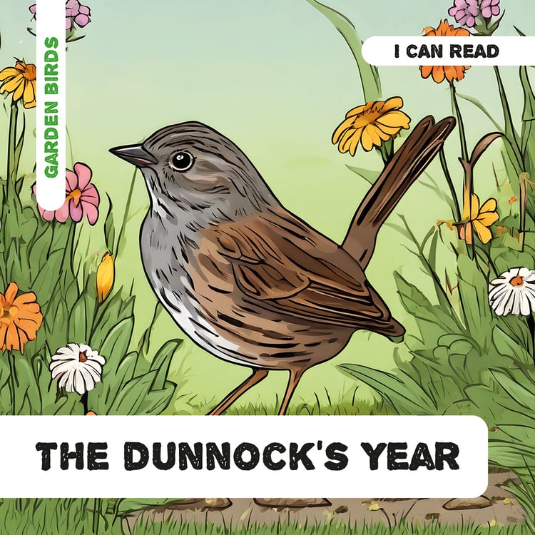 Front cover of The Dunnock’s Year, a nonfiction phonics reader for children aged 5–7, showing a dunnock in the garden.