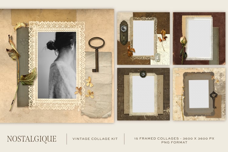Vintage papers, frames, keys, metal elements, dried flowers & leaves, ribbon, lace, and texture graphics