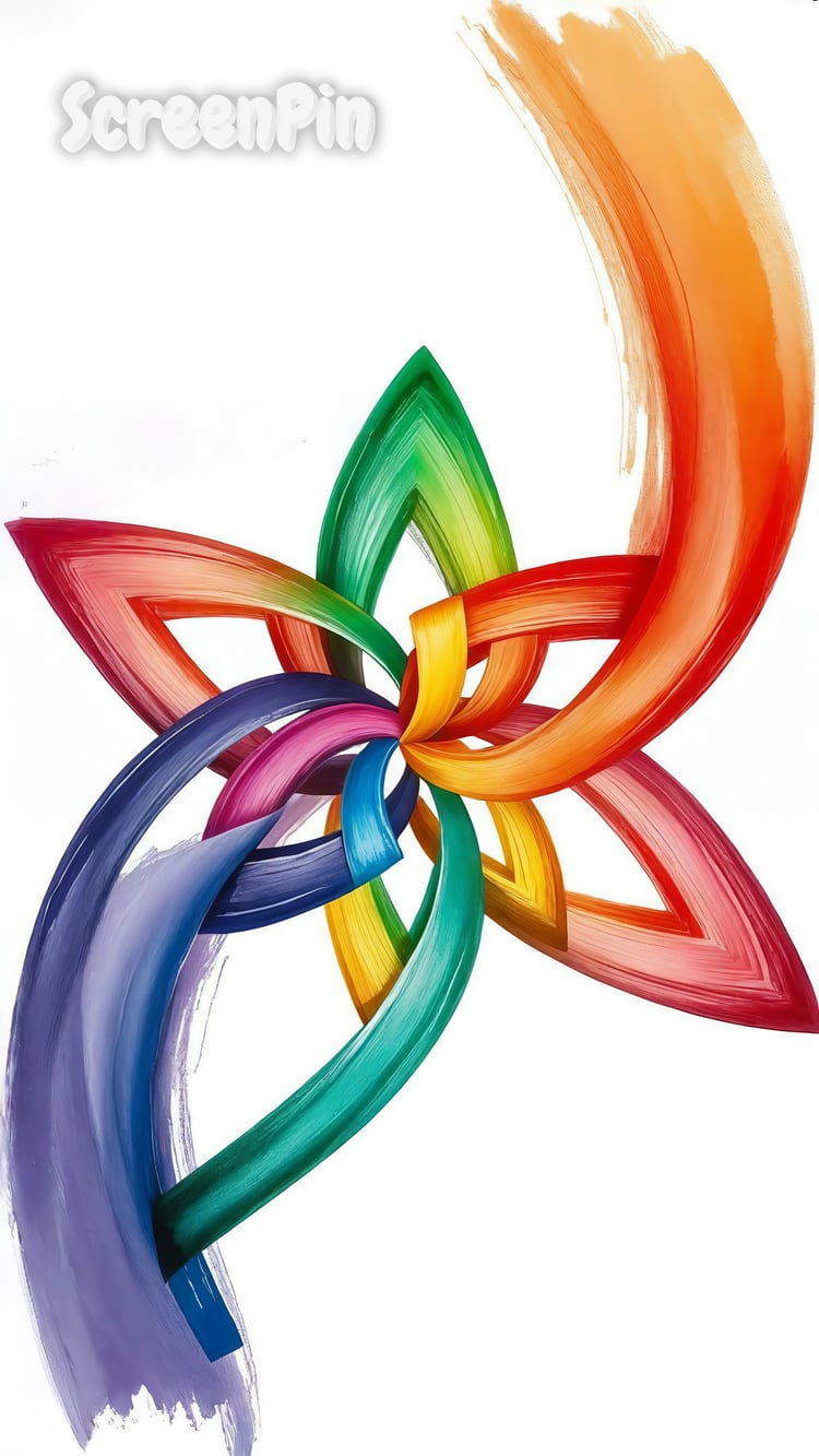 A colorful abstract digital painting of interwoven rainbow ribbon shapes forming a geometric star on a white background, with soft gradients, smooth texture, and subtle pencil strokes for a hand-drawn yet precise look.