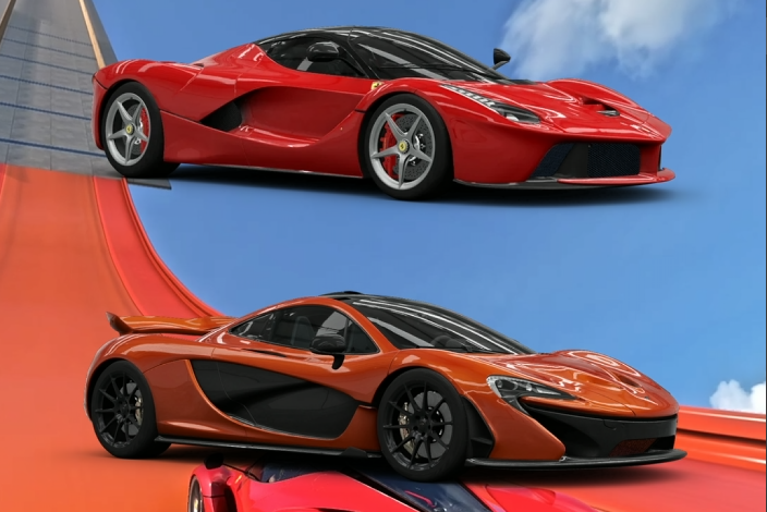 Ferrari LaFerrari and McLaren P1 racing head-to-head in Forza Horizon 5 during high-speed performance tests including jump, brake, and extreme challenges.