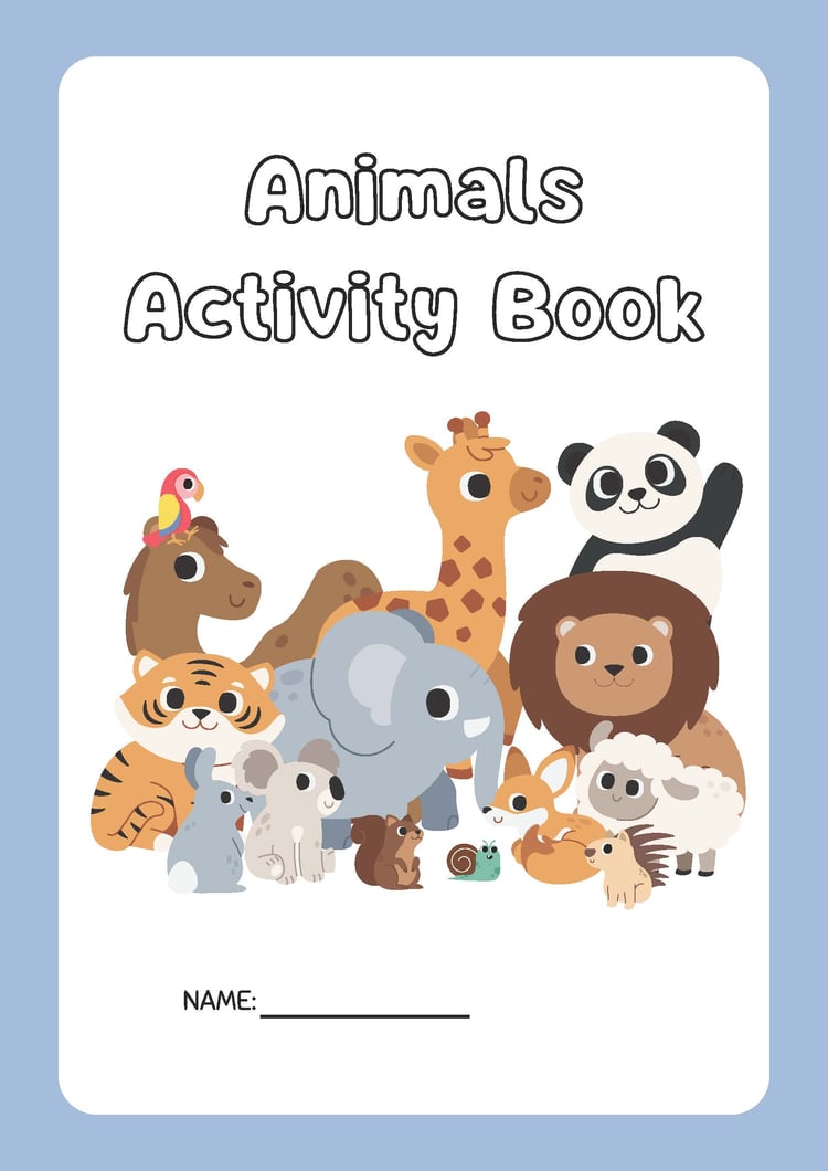 Blue and White Fun Animals Activity Book Printable Worksheet