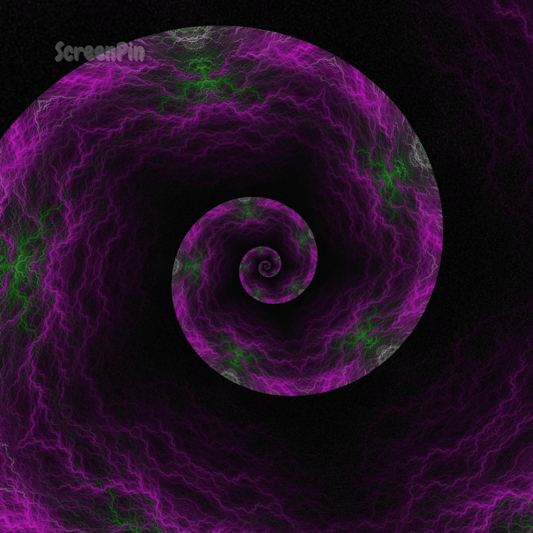 A digital artwork of a glowing spiral in vivid purple and green, radiating electric energy and motion with smooth textures and luminous highlights on a dark background.