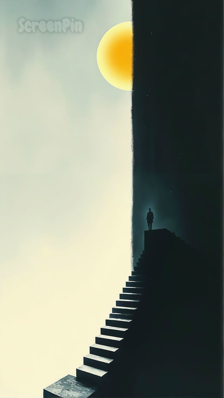 A minimalistic surreal digital painting of a lone figure standing at the edge of a futuristic staircase under a glowing yellow sphere, set against an ultramarine gradient background with sharp lines and cinematic lighting.