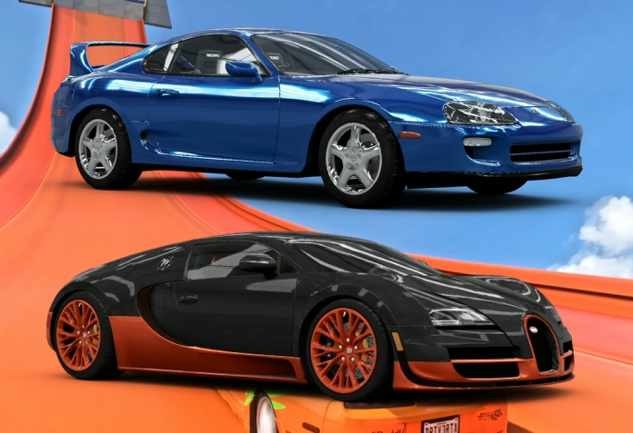 Toyota Supra and Bugatti Veyron racing side-by-side in Forza Horizon 5 during jump, brake, and extreme performance test challenges.