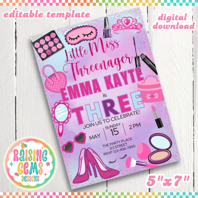 Little Miss Threenager birthday party invitation for a 3-year-old girl, featuring fun makeup-themed decorations like lipstick, nail polish, and blush with bright pink and pastel colors, glittery accents, and playful fonts