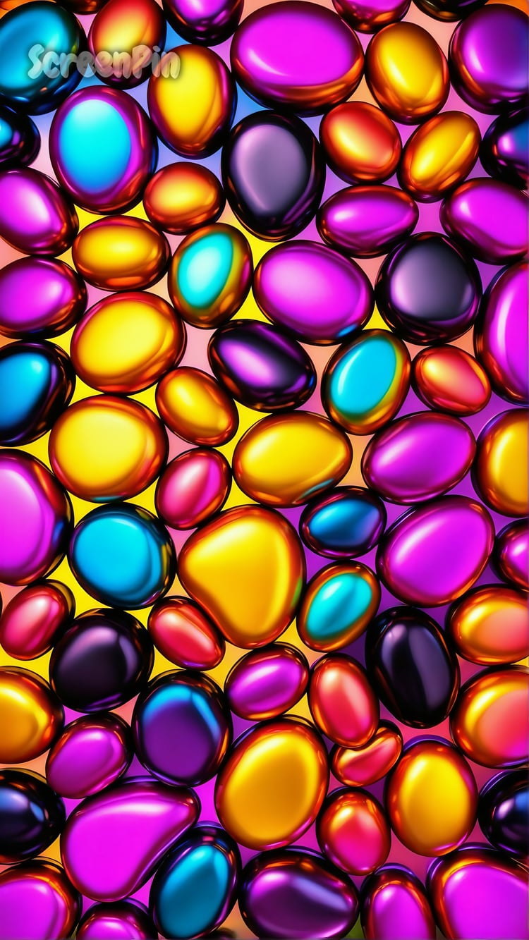 A futuristic abstract digital artwork featuring shiny, oval pebbles in metallic purple, teal, magenta, yellow, and black, with 3D embossed texture, soft gradients, and shimmering highlights arranged in a honeycomb-like structure.