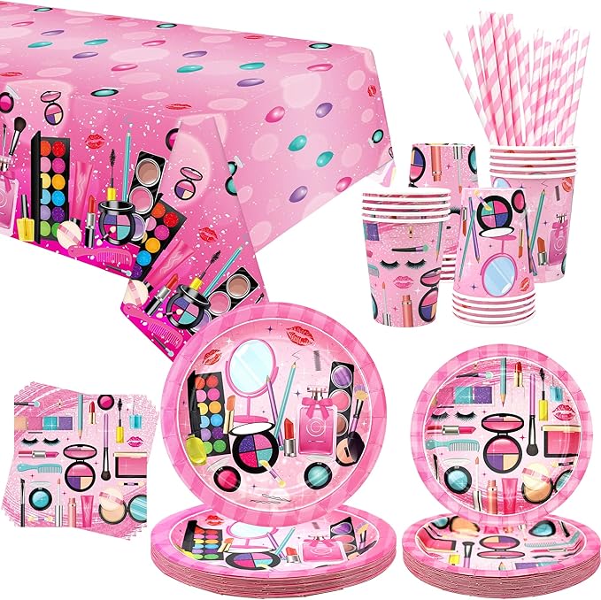 Little Miss Threenager birthday party decorations with a fun makeup theme, featuring pink and gold balloons, lipstick and nail polish props, glittery banners, and girly table settings perfect for a 3-year-old's celebration.