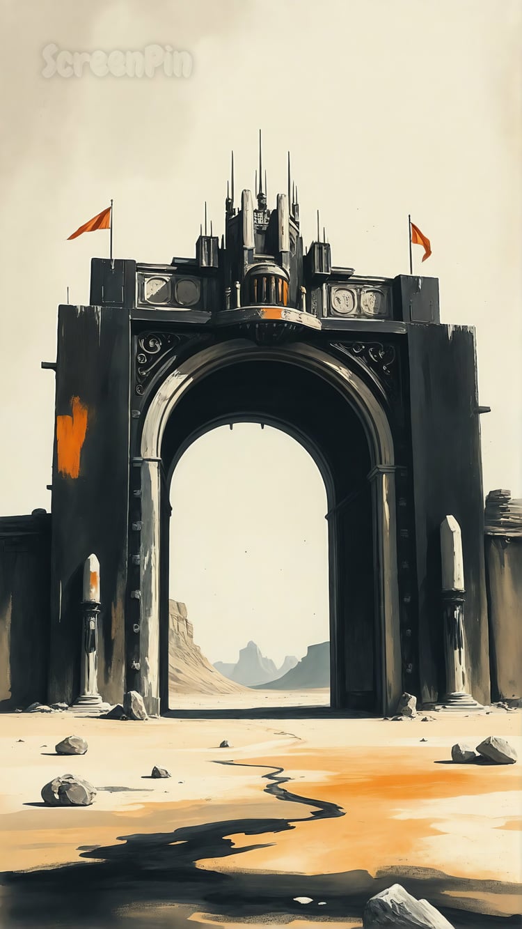 A surreal digital artwork of a massive triumphal arch in a futuristic desert landscape, standing alone among glowing dunes under a dramatic sky, blending sci-fi architecture with a cinematic, dreamlike mood.