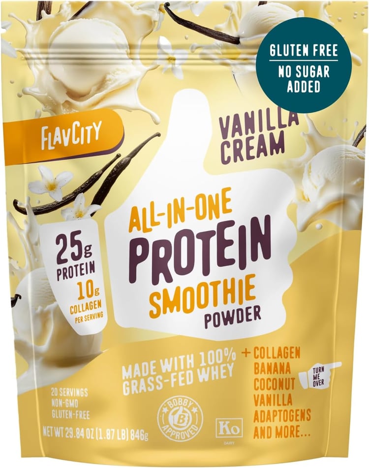 FlavCity Grass Fed Whey Protein Powder - Vanilla Smoothie - 25g Protein & 10g Collagen