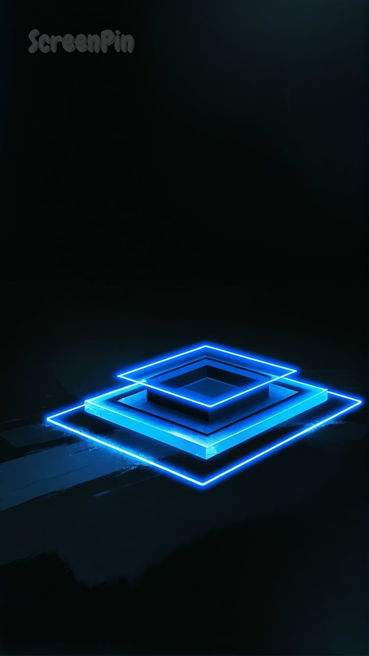 Futuristic digital background with layered 3D glowing blue squares on a dark gradient surface, featuring neon light edges, smooth textures, and clean geometric lines in a sci-fi tech interface style.