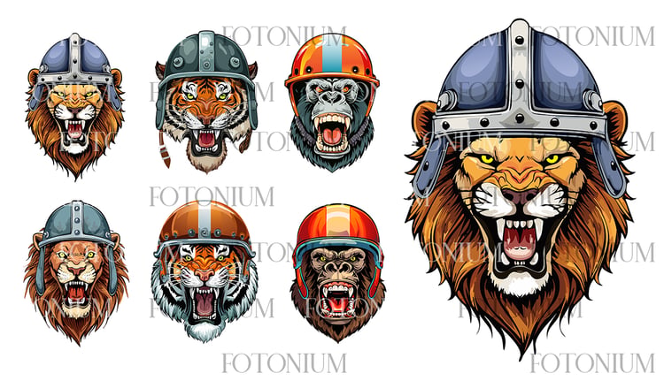 A bold and expressive set of 7 AI-generated vector illustrations featuring the fierce faces of a lion, tiger, and gorilla—each wearing uniquely styled helmets.