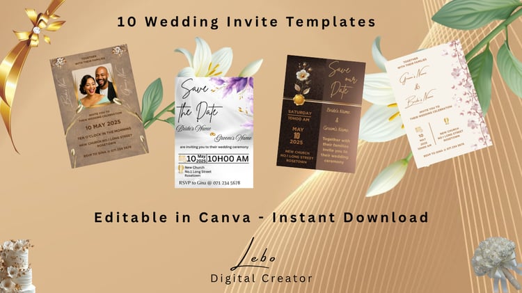 Bundle of 10 elegant Canva wedding invitation templates with modern and classic styles.