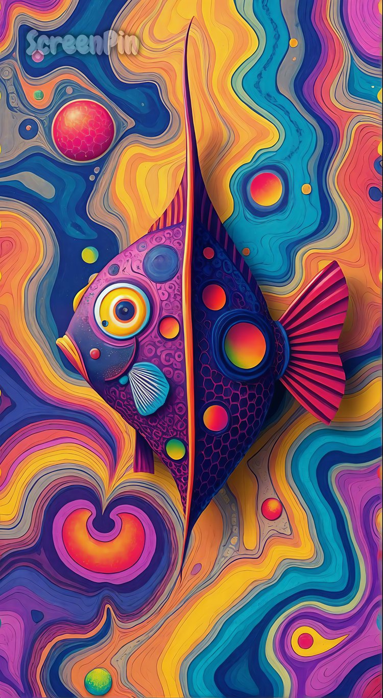 A funky cartoon psychedelic fish with exaggerated eyes and swirling rainbow patterns swimming through a colorful, wavy background in a playful abstract style.