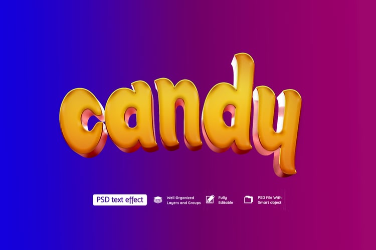 Candy PSD Text Effect Download stunning PSD text effects to instantly upgrade your designs! From 3D, neon, chrome, retro, to fire and glitch styles—these editable templates are perfect for Photoshop users who want professional results fast. Fully layered,