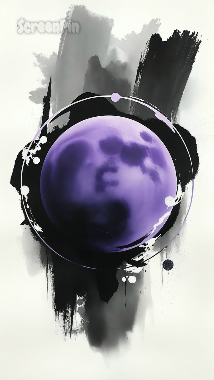 Abstract digital painting of a purple sphere combined with a black expressive brushstroke on a light background, blending geometric form and raw artistic texture in minimalist style.