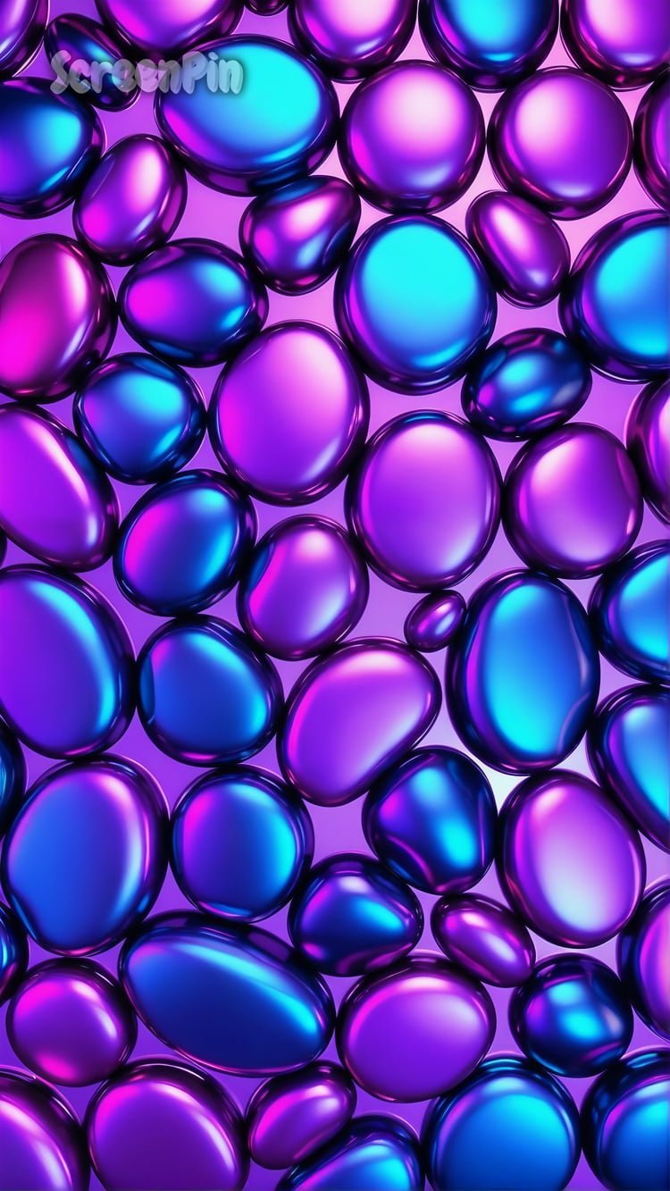 Colorful abstract artwork with shiny violet and blue oval pebbles arranged in a honeycomb structure, featuring metallic gradients, glossy 3D textures, and soft shimmering light in a futuristic digital style.