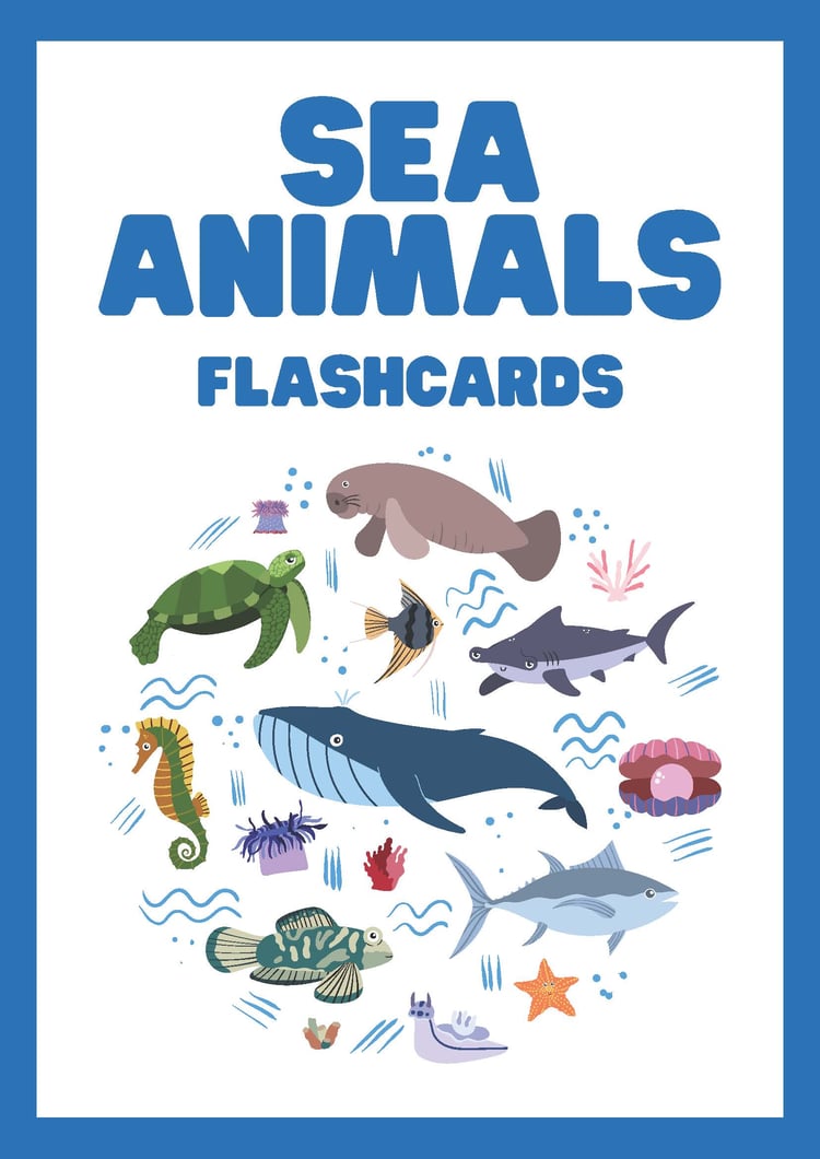 Sea Animals Big Flashcards in Blue and White Printable Style