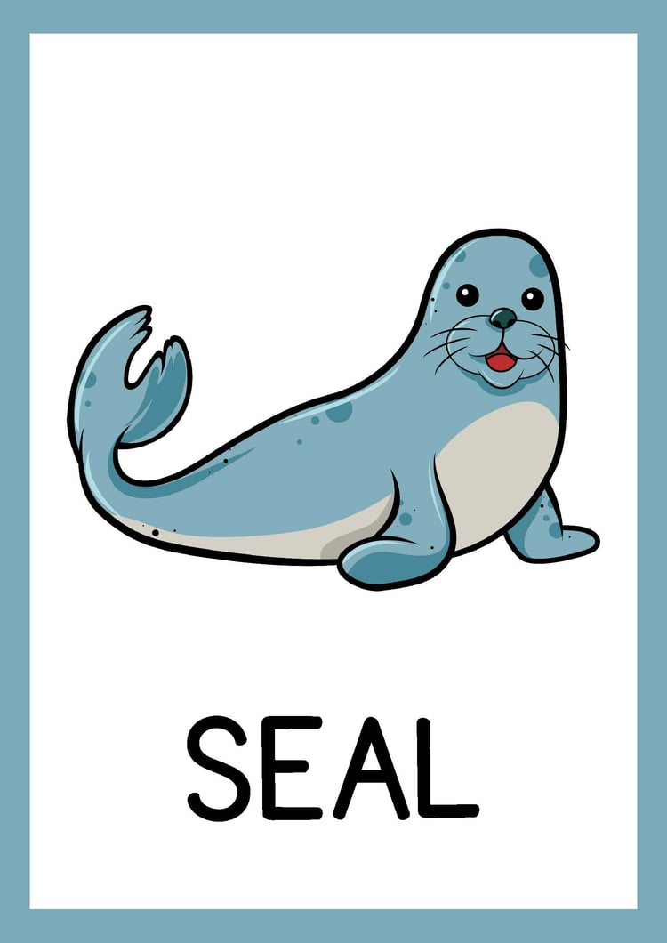 Sea Animals Big Flashcards in Blue and White Printable Style