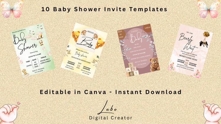 Elegant baby shower invitation bundle featuring soft pastels, butterfly illustrations and soft colour palette