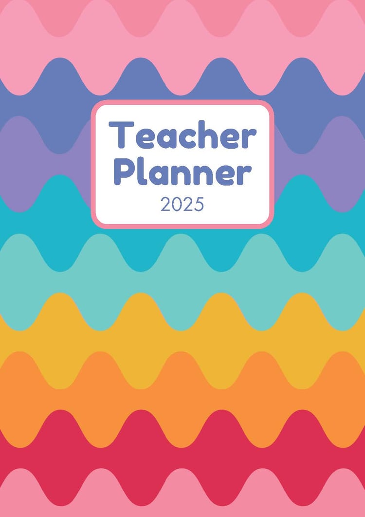 Teacher Planner 2025 & 2026 in pastel colours rainbow curve pattern style